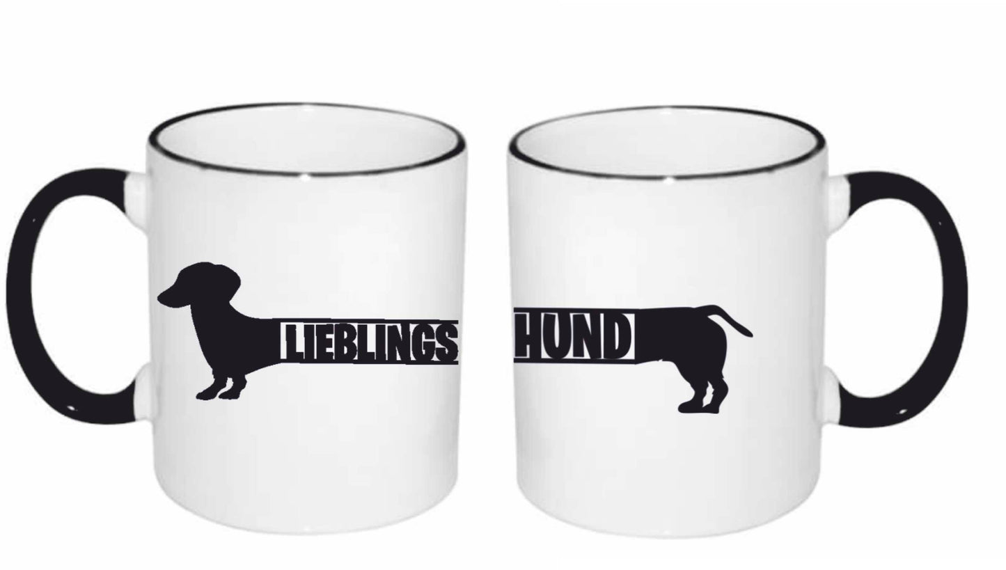 Lieblingshund Dackel Tasse mit personalisierbarem Aufdruck – Weiß, Innen und Henkel Schwarz, 330 ml, Keramik