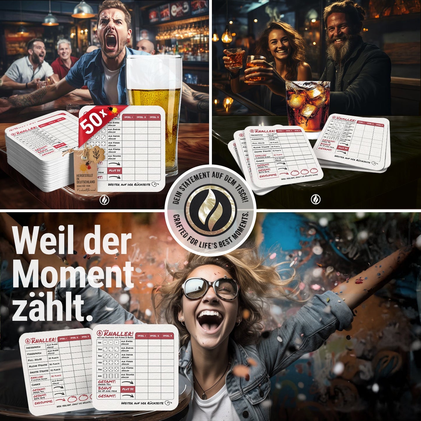 50 Bierdeckel Kniffel Würfelspiel, Der Knaller! Party Trinkspiel Runde Zahlt