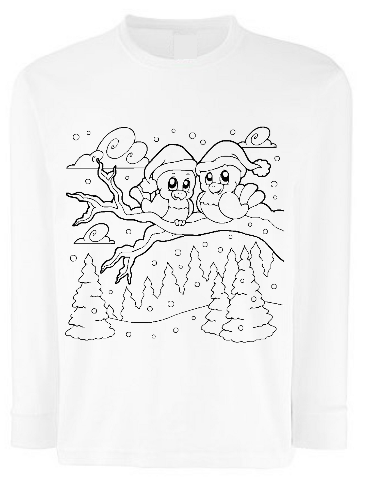 weißes Langarmshirt mit Winterlandschaft und Vögeln