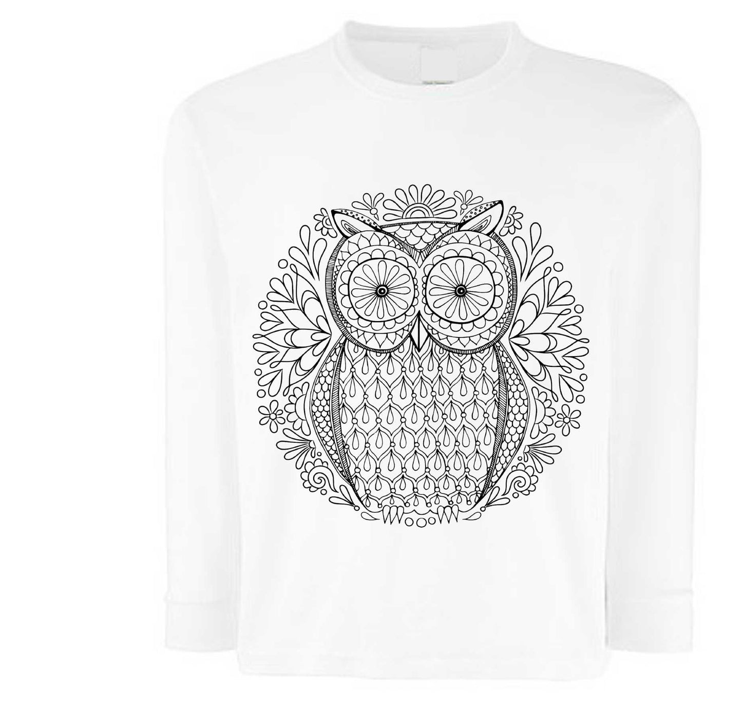 weißes Langarmshirt mit Eule und Blumenmuster