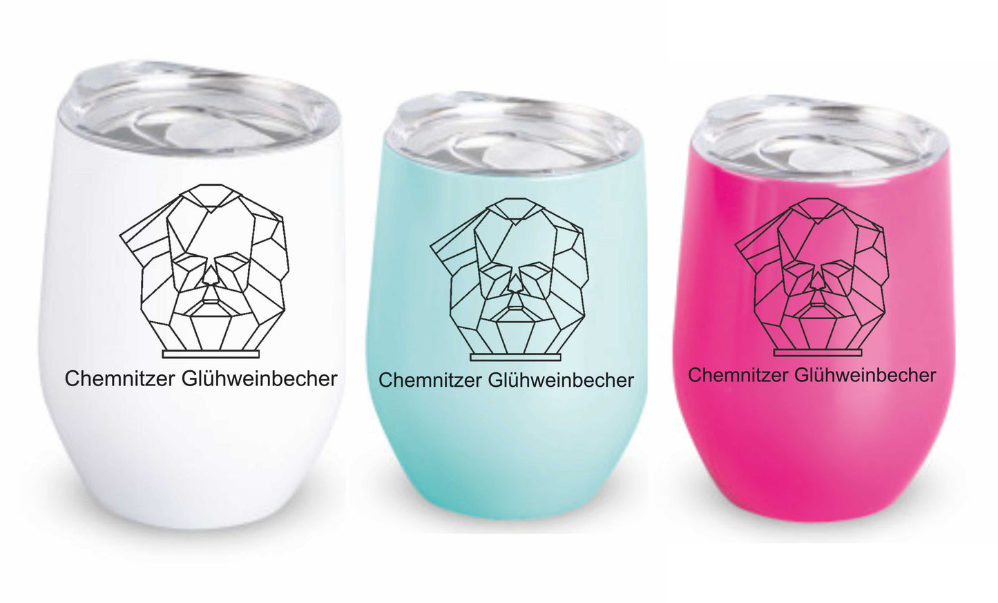 Glühweinbecher in weiß, rosa und minz mit Karl Marx Kopf und der Aufschrift Chemnitzer Glühweinbecher