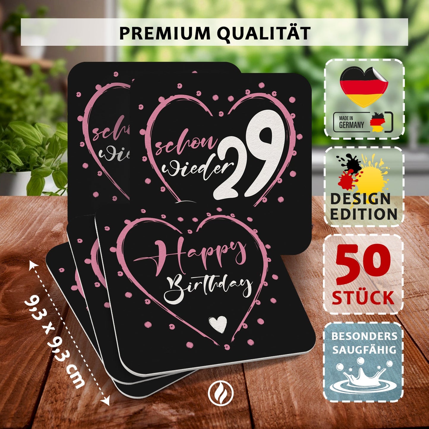 50 lustige Bierdeckel Geburtstag schwarz pink Schon wieder 29 Party Deko Untersetzer