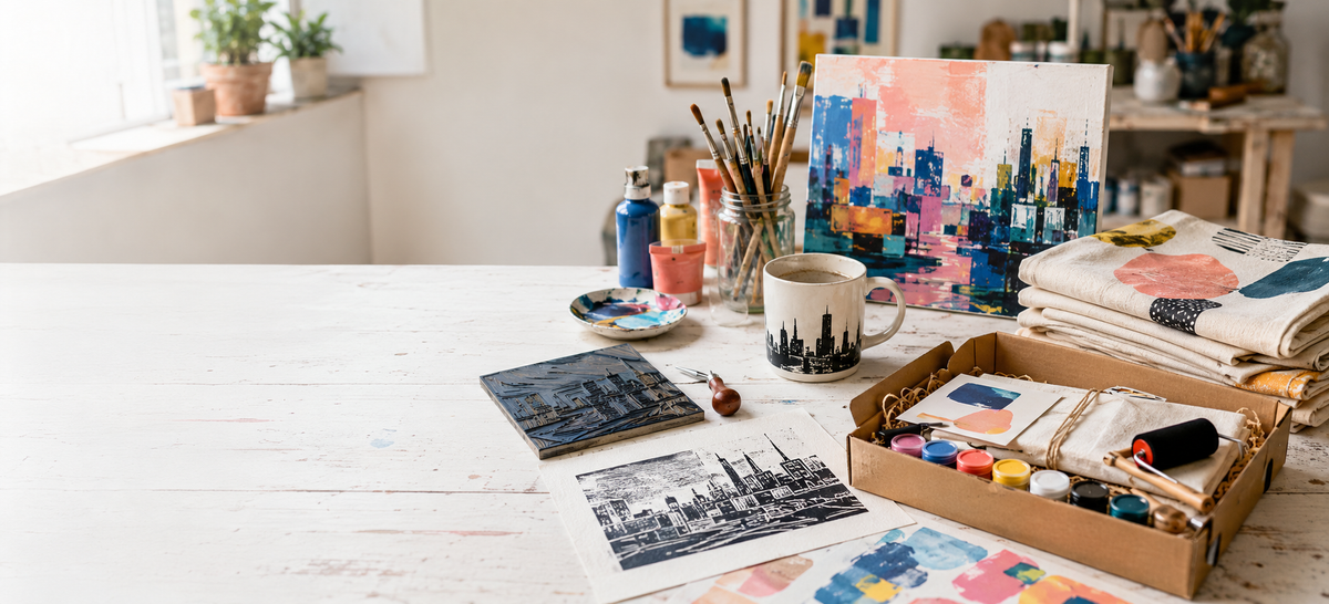 Kreativtisch mit Kunst, Linoldruck und DIY-Sets im Karls Kunsthaus Chemnitz