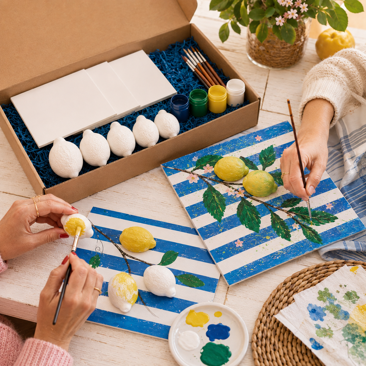Limoncello-Malset mit Leinwandpappen, 3D-Zitronen, Farben und Pinseln