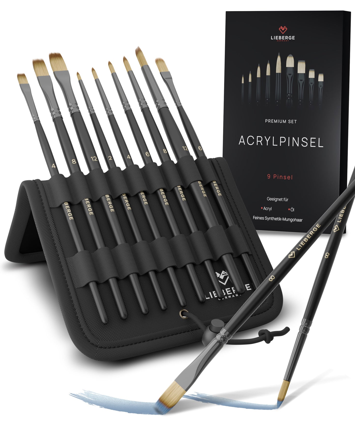 LIEBERGE PREMIUM SET Acrylpinsel (9 Pinsel) im Aufstell-Etui
