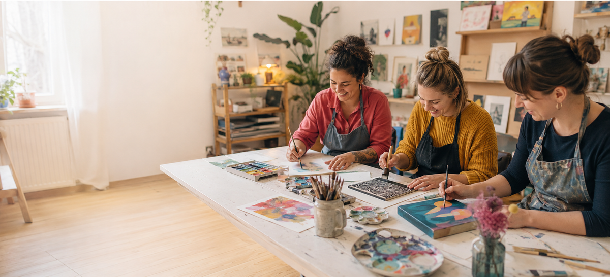 Drei Frauen bei einem kreativen Workshop im Karls Kunsthaus