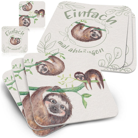 50 Bierdeckel Faultier 'Einfach mal abhängen', Naturmotiv Grün Beige